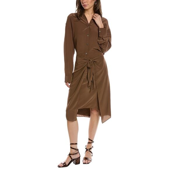Theory Sarong Button Down Midi Shirt Dress Women's Brown Size 8 - Picture 1 of 6